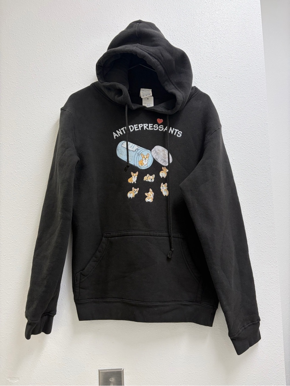 Black "Antidepressants" humor Corgi Graphic Hoodie. M